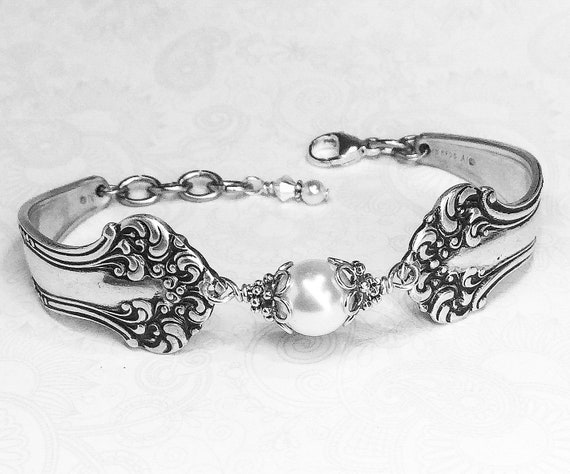 Antique Spoon Bracelet, Spoon Jewelry, White Pearl Bracelet, "Avon" 1901, Customizable Silverware Jewelry