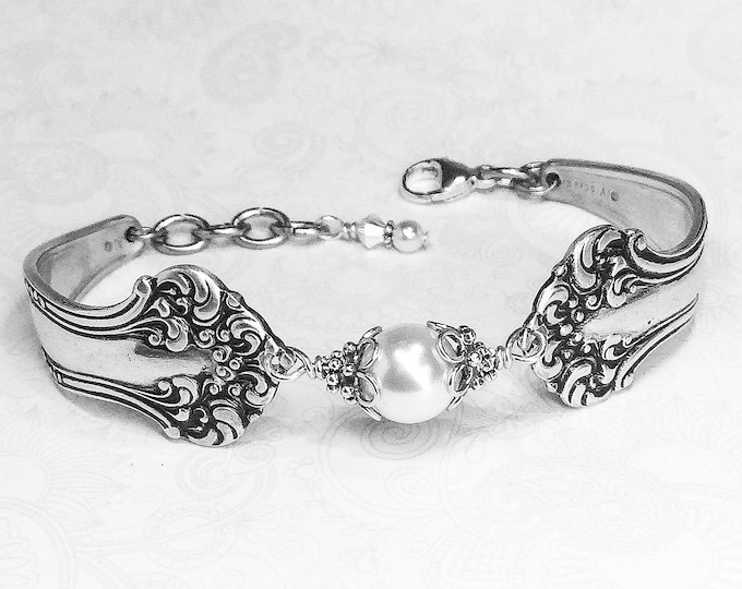 Antique Spoon Bracelet, Spoon Jewelry, White Pearl Bracelet, avon 1901, Customizable Silverware
