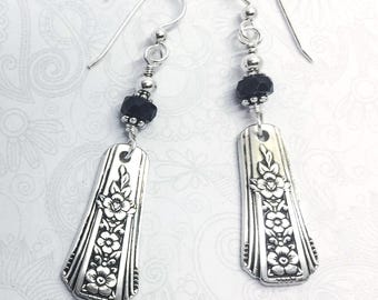 Demitasse Spoon Earrings, with Black Onyx, 'Fortune' 1939, Dangle Silverware Earrings, Spoon Jewelry