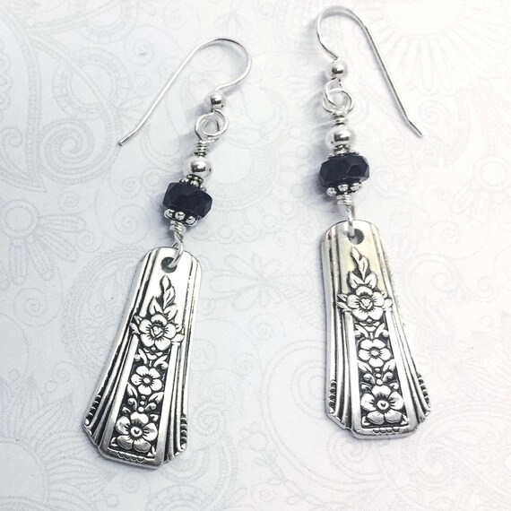 Demitasse Spoon Earrings, with Black Onyx, 'Fortune' 1939, Dangle Silverware Earrings, Spoon Jewelry