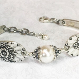 Silver Spoon Bracelet, White Pearls, Silverware Jewelry, Jubilee 1953 image 1