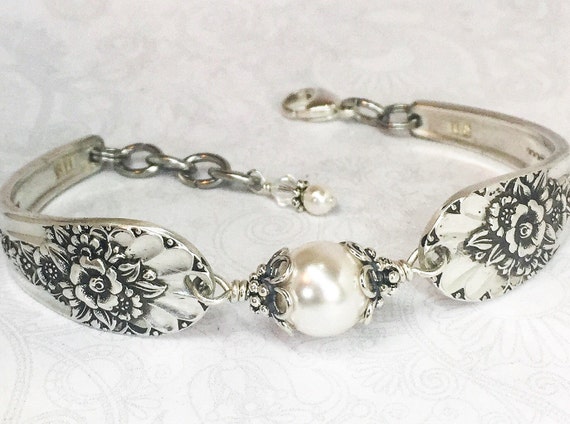 Silver Spoon Bracelet, White Pearls, Silverware Jewelry, Jubilee 1953