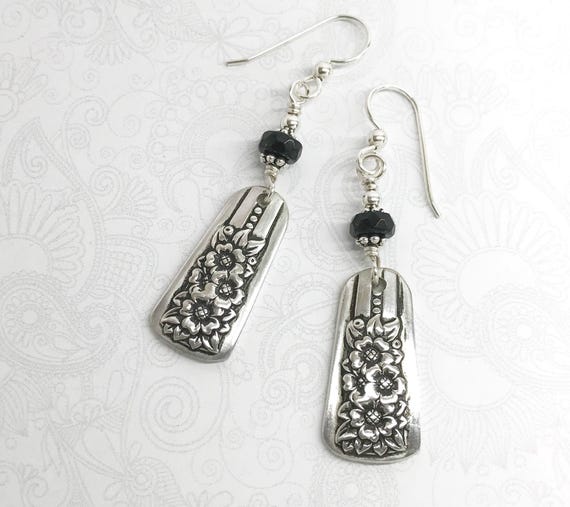 Petite Spoon Earrings, with Black Onyx, Dangle Silverware Earrings, Spoon Jewelry, 'Silver Belle' 1940