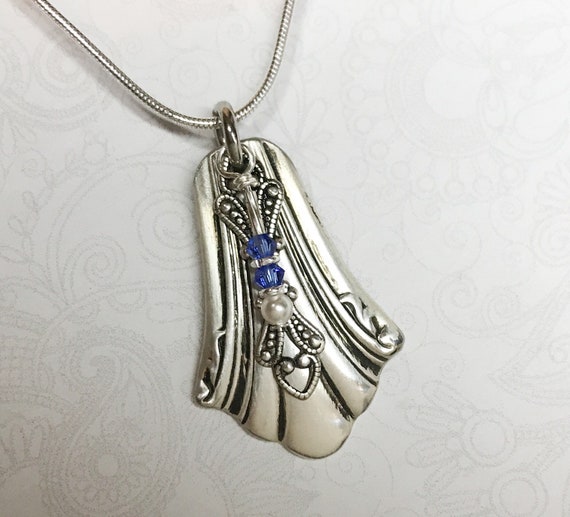 Spoon Necklace with Blue Sapphire Crystals, White pearl, Silverware Jewelry, 'Enchantment' 1985