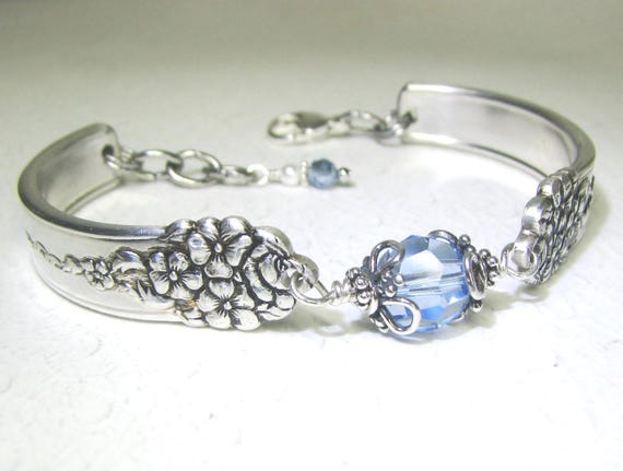 Spoon Bracelet, Light Sapphire Crystal, 'Moss Rose' 1949, Silverware Jewelry, Customizable, Adjustable, Custom-sized