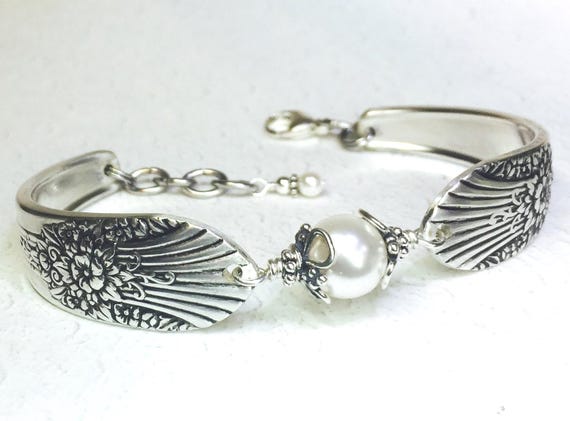Customizable Spoon Bracelet, White Pearl, Silverware Jewelry 'Marigold' 1939