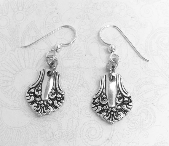 Antique Spoon Earrings, Dangle Earrings, Demitasse Silverware Jewelry, "Avon" 1901