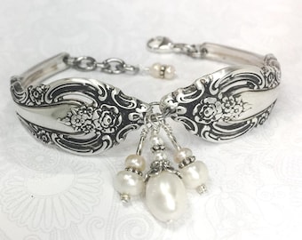 Spoon Bracelet, White Freshwater Pearls, Silverware Bracelet, Spoon Jewelry "Silver Artistry" 1965
