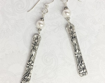 Spoon Earrings, "Narcissus" 1935, White Crystal Pearls, Sterling Silver Ear Wires, Silverware Jewelry