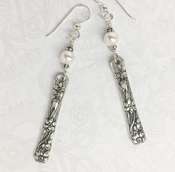 Spoon Earrings with White Crystal Pearls, Silverware Jewelry "Narcissus" 1935