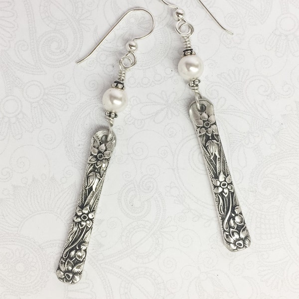 Spoon Earrings, "Narcissus" 1935, White Crystal Pearls, Sterling Silver Ear Wires, Silverware Jewelry