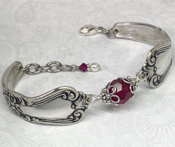 Silver Spoon Bracelet, Ruby Crystals, Customizable Birthstone Jewelry, 'Valley Rose' 1953