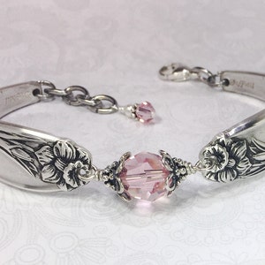 Silver Spoon Bracelet, Light Pink Crystals, White Pearl, Spoon Jewelry, 'Daffodil' 1950, Customizable Spring Bracelet image 3