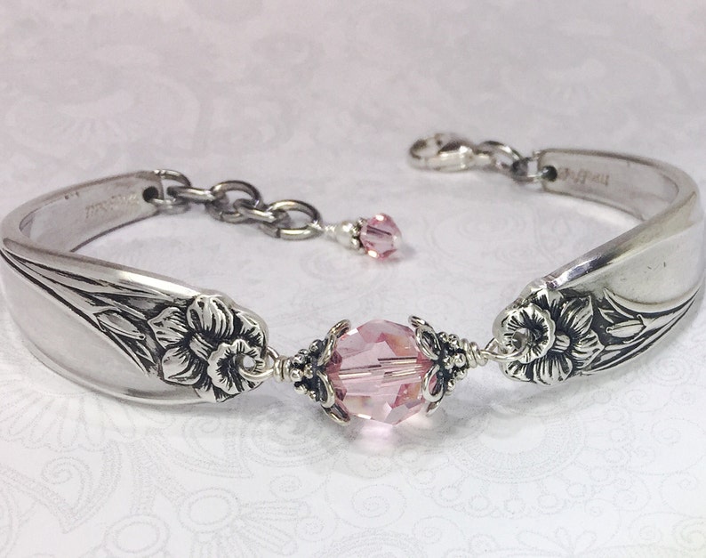 Silver Spoon Bracelet, Light Pink Crystals, White Pearl, Spoon Jewelry, 'Daffodil' 1950, Customizable Spring Bracelet image 3