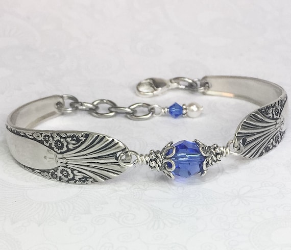 Customizable  Spoon Bracelet with Sapphire Blue Crystal, Silverware Jewelry - 'Radiance' 1939