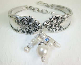 Antique Floral Spoon Bracelet, Clear Crystals, White Pearls, Adjustable Silverware Bracelet, "Tiger Lily" 1901