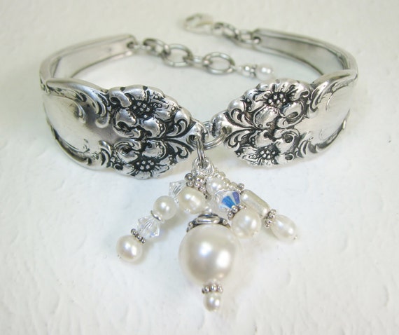 Antique Spoon Bracelet, Clear Crystals, White Pearls, Silverware Bracelet, "Tiger Lily" 1901
