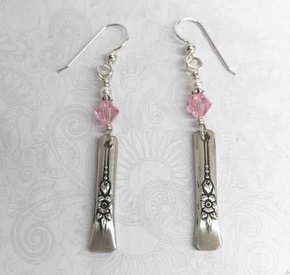 Dangle Spoon Earrings, Light Pink Crystals, White Pearls, Silverware Jewelry