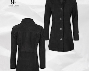 Black Suede Leather Coat: Elegant Button-Down Fall Winter Outerwear