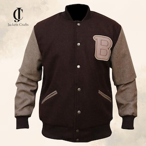 Chaqueta universitaria unisex: chaqueta bomber roja y marrón con la letra "B" para hombre y mujer.