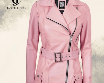 Jaqueta de couro legítimo estilo motociclista feminina com cinto - rosa, vermelho, verde, preto