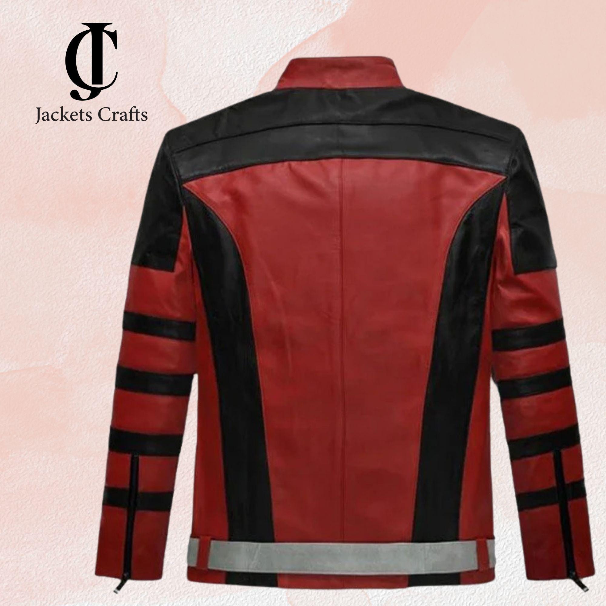 Men's Red and Black Leather Motorcycle Jacket: Zipper Biker Style