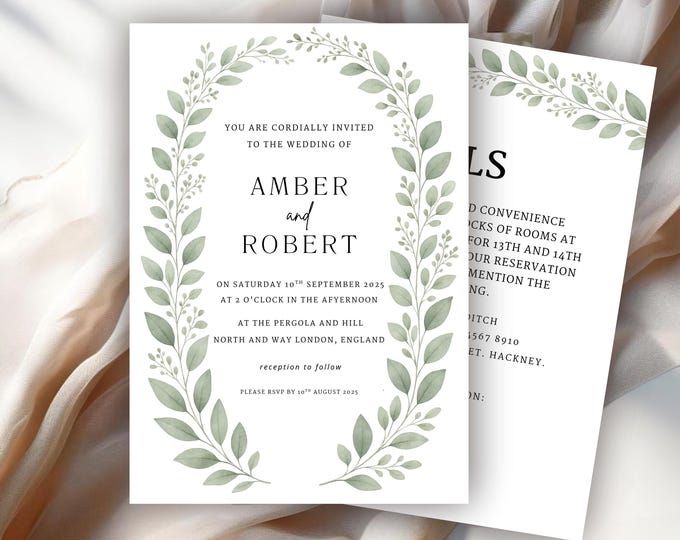 Digital Wedding Card for Event Details - Editable Green Leaf Printable Marriage Invite Canva Template