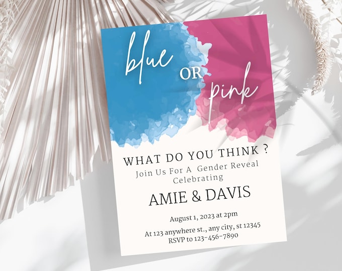 Gender Reveal Invitation In Pdf Format – Printable Pink or Blue Baby Shower Canva Invitation Card
