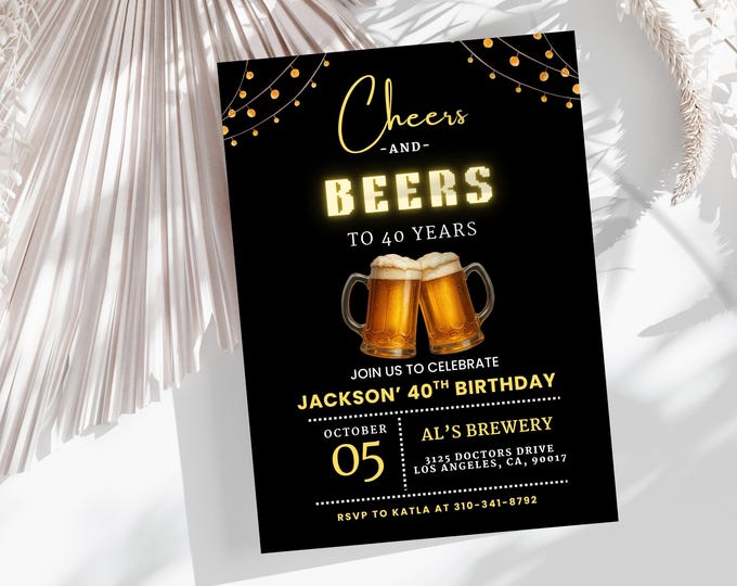 40th Birthday Invitation Digital / Canva Editable Birthday Card / Digital Cheers Beers Invitation / Printable Birthday Invite /Editable