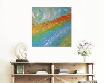 Sunrise FREE SHIPPING Original Oil Painting on Canvas Palette Knife - by SOLOMOON - gallery fine art ready to hang impasto field