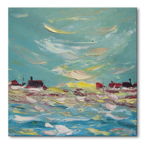 Windy bay  - art painting wall decor home wall hanging small canvas original impasto oil town city sea sityscape water 16x16 textured blue