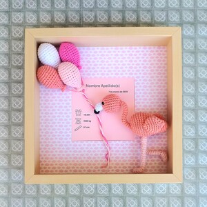 Marco para Recién Nacida, Fondo Rosa con Nubes, Flamenco y Globos a Crochet