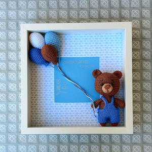 Newborn Frame, White Background, Blue Clouds, Crochet Bear and Balloons