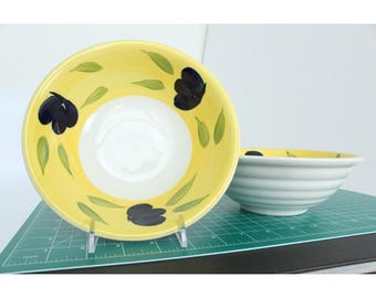 CCC Italy Hand Painted Ceramic Ribbed Bowls Set of 2 Yellow Blue Floral 7"