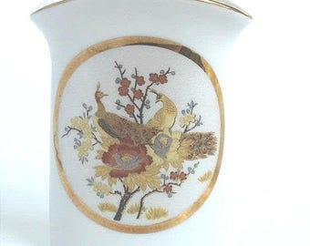 Vintage Japanese Peacock Floral Ceramic Bud Vase Gold Trim White Porcelain 4.5"