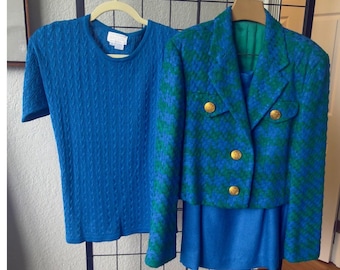 Doncaster Silks 3pc Suit Set 100% Silk Blue Green Blazer Skirt Sweater Size 8 S