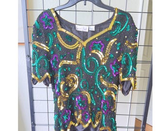 Vintage Lawrence Kazar Top Beaded Sequins Purple Green Gold Short Sleeve