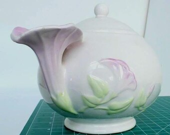 Vintage Morning Glory Embossed Ceramic Teapot Flower Spout White Pink Green 6in