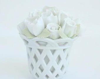 White Porcelain Rose Bouquet in Lattice Weave Basket Figurine 4" Decor