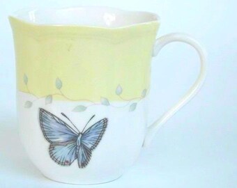 Lenox Butterfly Meadow Mug Porcelain Yellow White Blue Butterfly Scalloped 4in