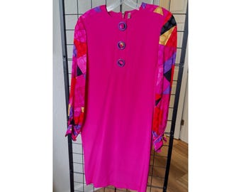 1980s Style Magenta 100% Silk Geometric Print Sleeve Shift Dress Size 6
