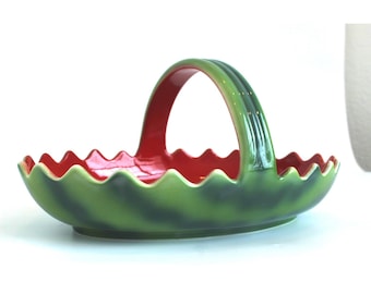 GUMP'S Italy Ceramic Fruit Basket Bowl  Hand Painted Green Red 13.5"