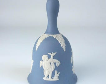 Wedgwood Blue Jasperware Cherub Angel Hand Bell White Relief England No Clapper