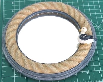 Nautical Rope Round Wall Mirror Seagull Figurine Coastal Beach House Blue 8"