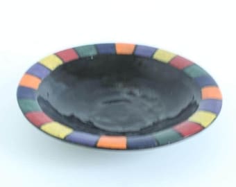 Handmade Studio Pottery Multi Color Striped Rim Black Bowl Artisan Signed 7.75"