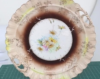 Vintage Hand Painted Floral Porcelain Cake Plate Scalloped Gold Trim 11.25 Inch
