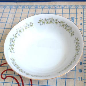 May include: White ceramic bowl with a gold rim and a floral pattern in green and blue. The bowl has a shallow design and is likely for serving food. The floral design is arranged around the rim of the bowl.