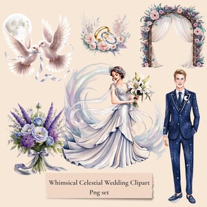 Könnte beinhalten: Fantasievolles himmlisches Hochzeits-Clipart-Set mit Braut und Bräutigam, einem Blumenbogen, einem Strauß aus Lavendel und blauen Blumen, einem Paar weißen Tauben und einem Mond. Die Braut trägt ein weißes Kleid mit einem silbernen Oberteil und einer Blumenkrone. Der Bräutigam trägt einen dunkelblauen Anzug mit weißem Hemd und schwarzer Krawatte. Der Blumenbogen ist mit weißen Blumen und Grünpflanzen geschmückt. Der Strauß ist mit einem silbernen Band gebunden. Die Tauben fliegen in der Luft. Der Mond ist im Hintergrund.