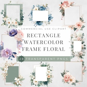 May include: A collection of rectangle watercolor frame floral clip art images. Each frame is decorated with a variety of flowers in shades of pink, blue, purple, and white. The text "RECTANGLE WATERCOLOR FRAME FLORAL" is displayed.