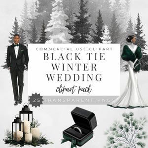 Black Tie Winter Wedding Clipart Bundle | Luxe Frost Snow Theme PNG | Tux Bride Snowflake Arch Evergreen Ice Bar | Commercial Use